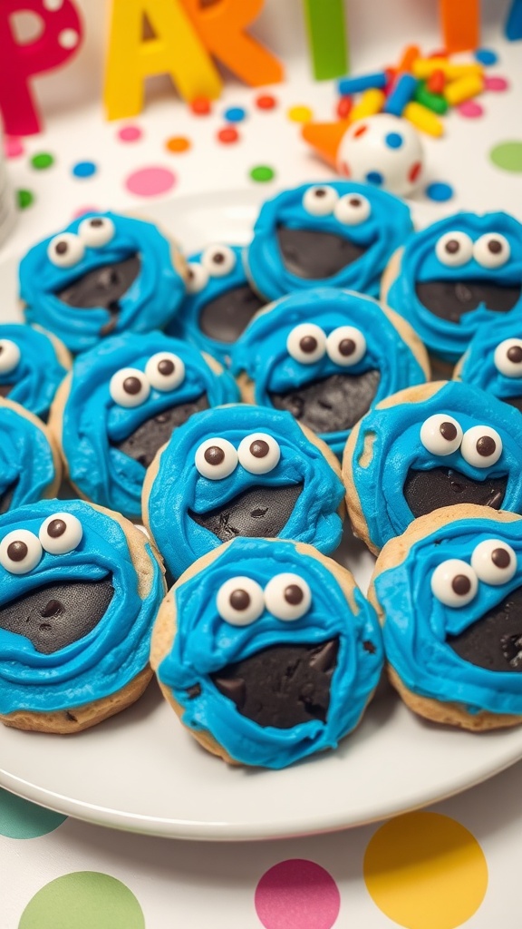 A plate of blue frosted cookies resembling Cookie Monster, decorated with candy eyes, on a festive table.